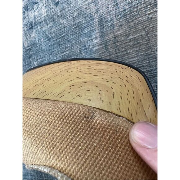 Bebe Yellow Tan Metallic Gold Canvas Platform Peeptoe Stilettos 8.5 - Picture 11 of 12